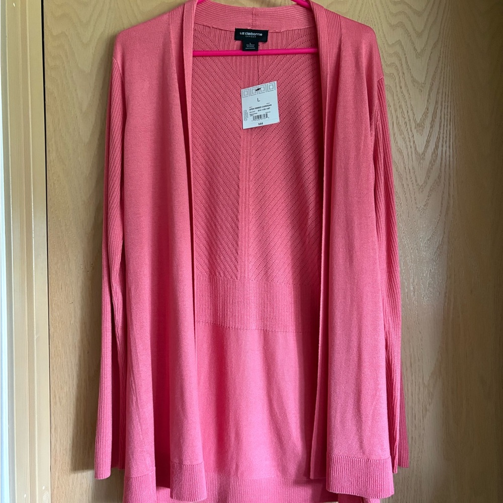 Liz Claiborne Salmon Pink Cardigan Sweater Open Front Long Sleeves